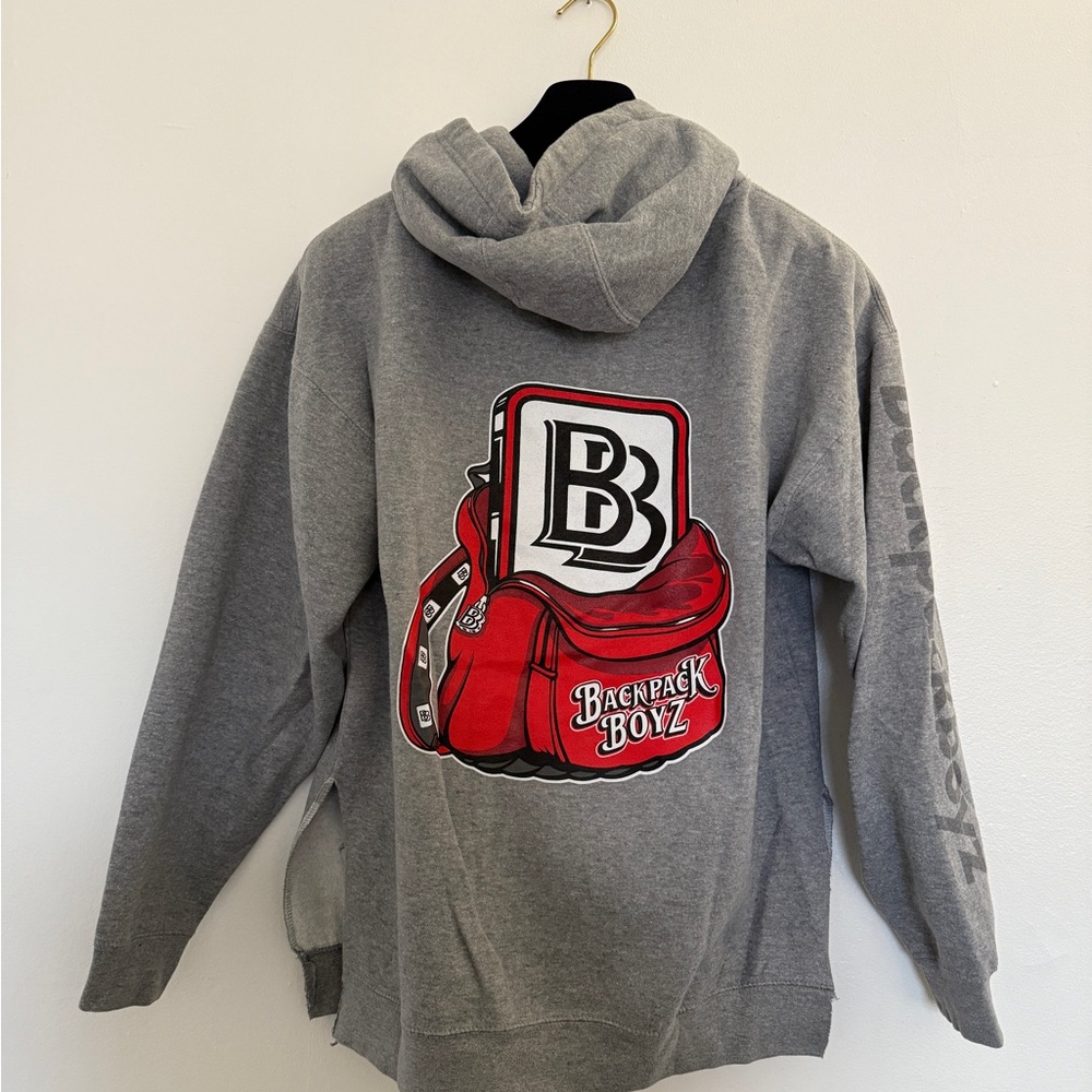 Backpack Boyz Gray Hoodie with Red Backpack Boyz Graphic